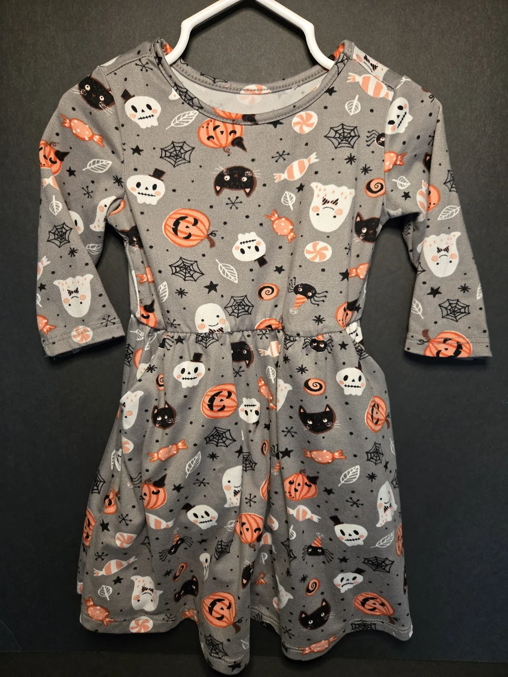 Girls' Halloween Print Long Sleeve Dress - Gray & Orange